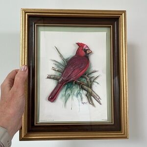 VINTAGE 3D Paper Tole Cardinal Framed Hand Made Arts & Crafts Cottagecore Bird
